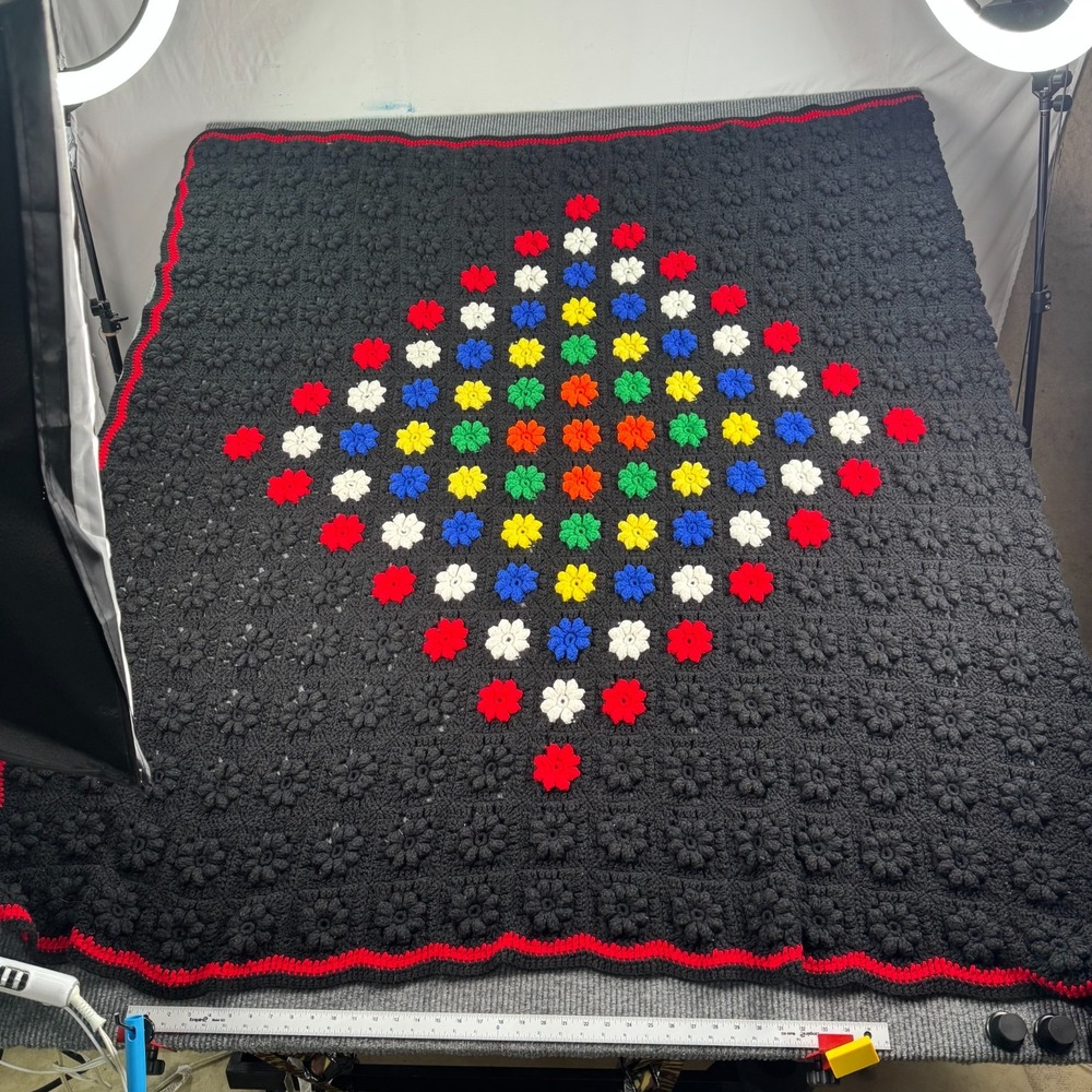 Vintage Handmade Granny Square Afghan Throw Blanket Black Rainbow Diamond Croche